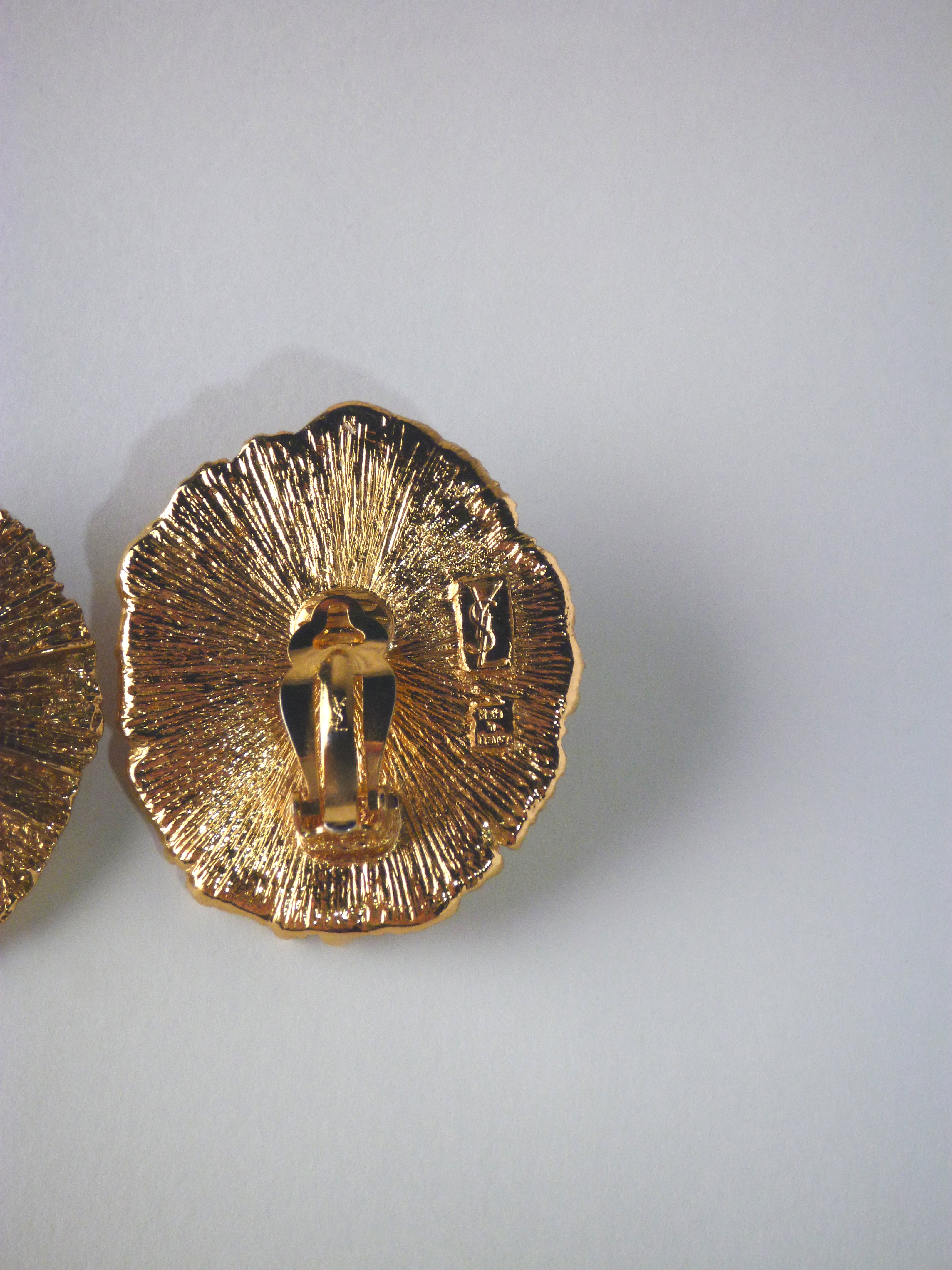 Vintage Yves Saint Laurent Gold Sunburst Clip-On Earrings – Green Stone, Made in France