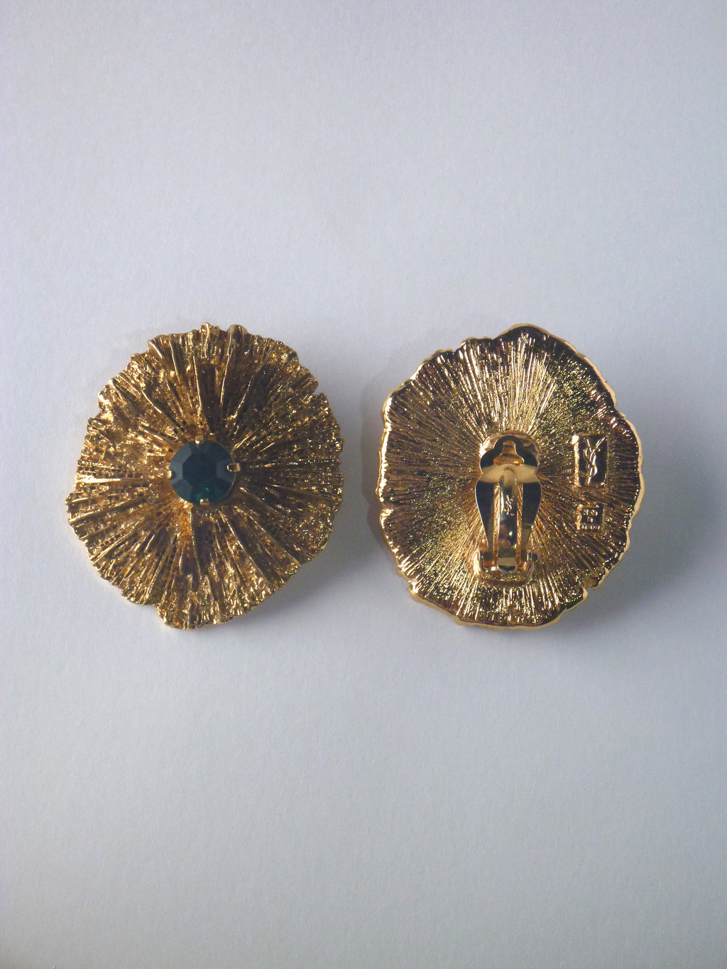 Vintage Yves Saint Laurent Gold Sunburst Clip-On Earrings – Green Stone, Made in France