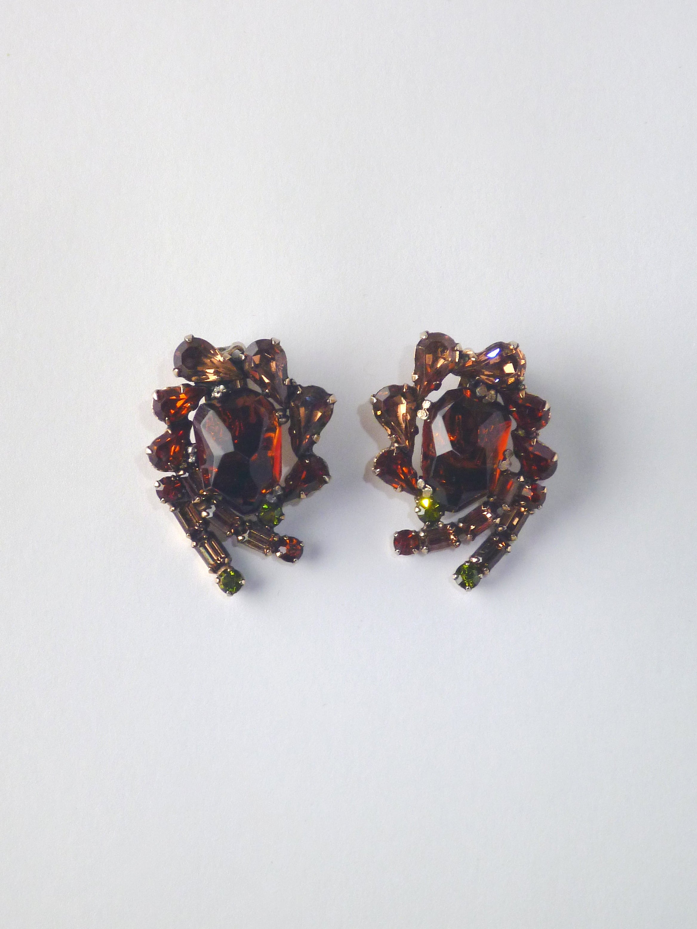 Vintage Christian Dior Signed Clip-On Earrings – Amber, Topaz & Olive Rhinestones