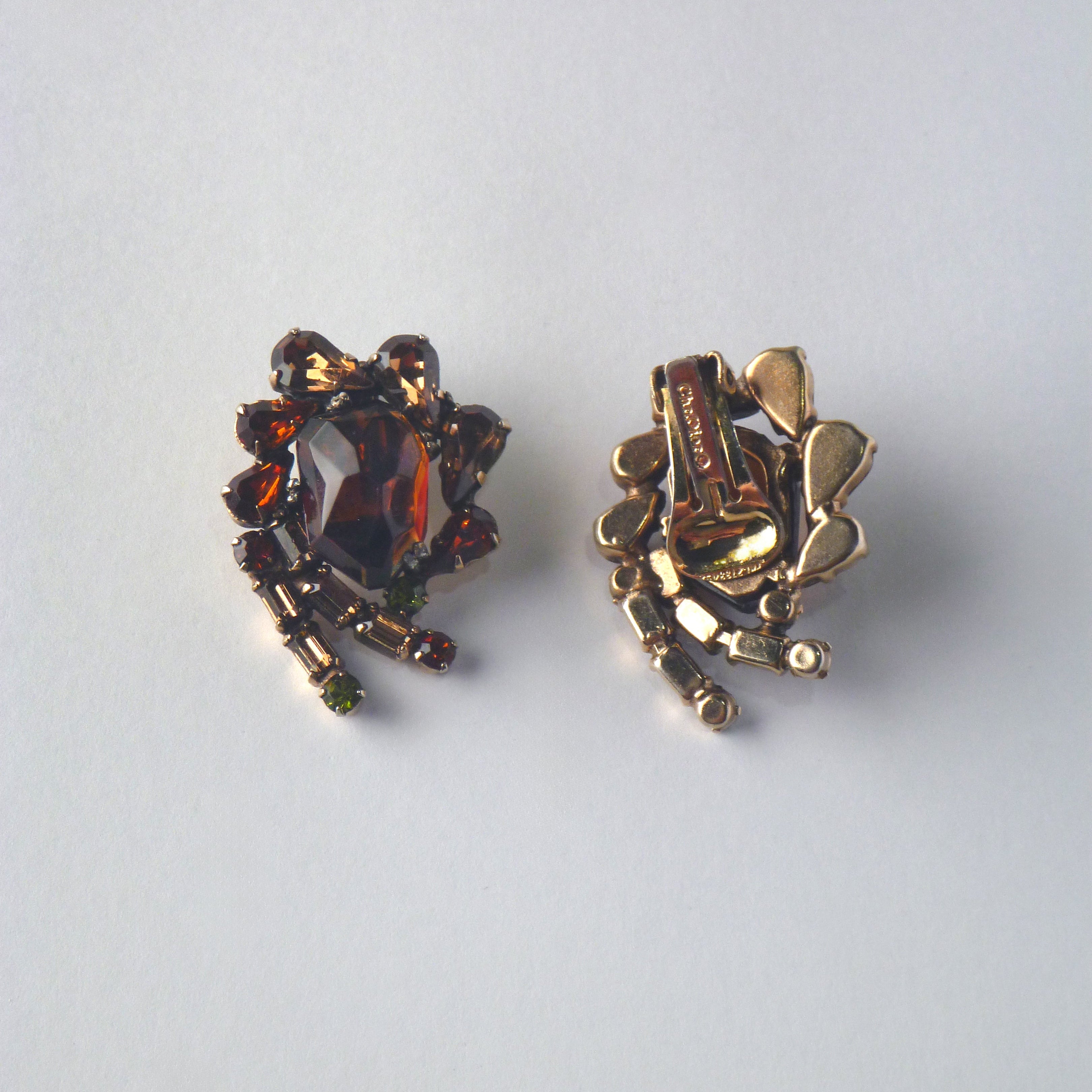 Vintage Christian Dior Signed Clip-On Earrings – Amber, Topaz & Olive Rhinestones