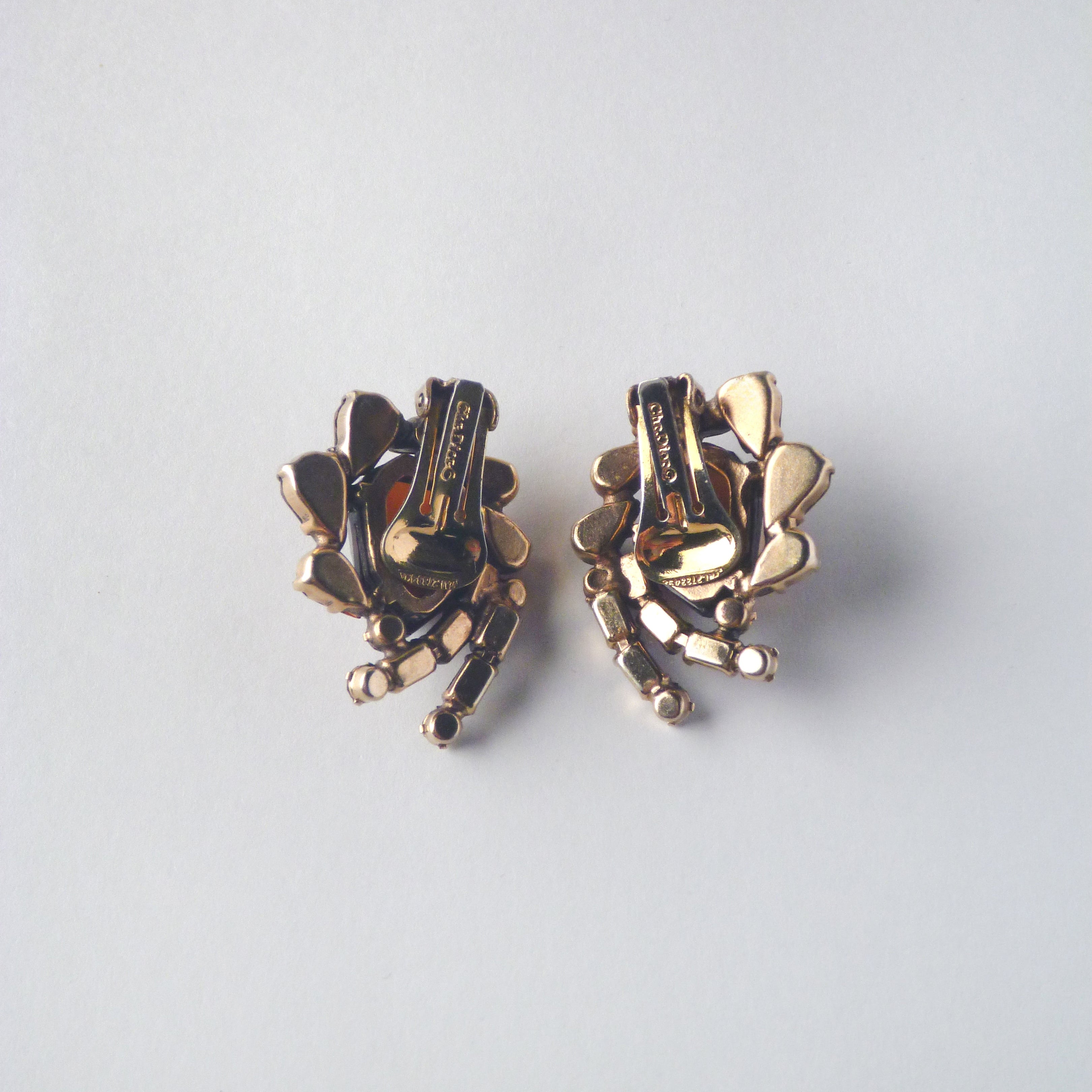 Vintage Christian Dior Signed Clip-On Earrings – Amber, Topaz & Olive Rhinestones